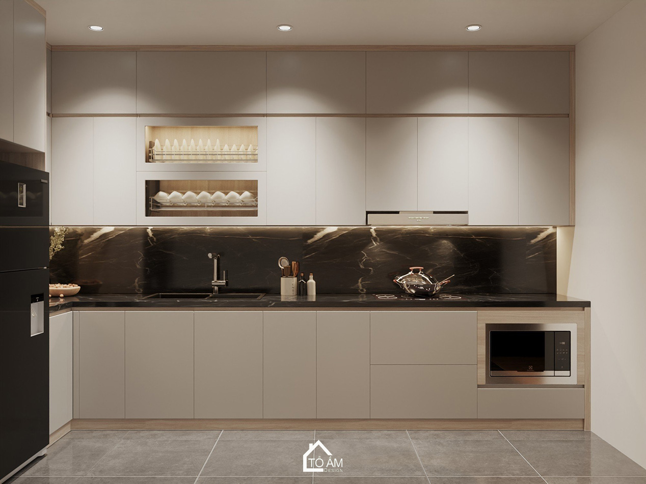 Thiết kế bếp hiện đại tối giản cho căn hộ 97m2 - Thiết kế 3D phòng bếp chung cư Ecolake View – Tổ Ấm Design