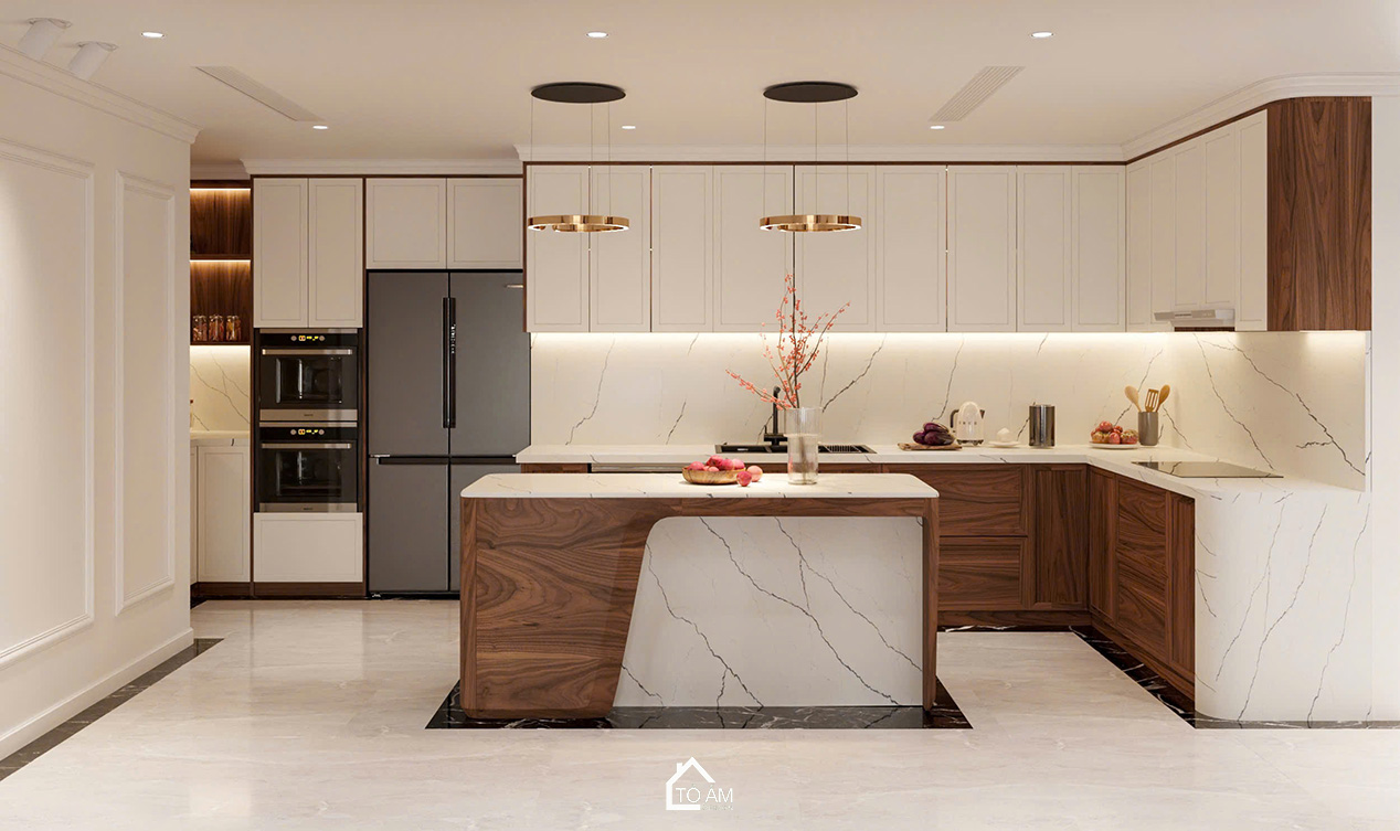 Phòng bếp chung cư sang trọng, ấm cùng và đầy đủ tiện nghi - Thiết kế 3D chung cư 4 ngủ Mulberry Land - Tổ Ấm Design