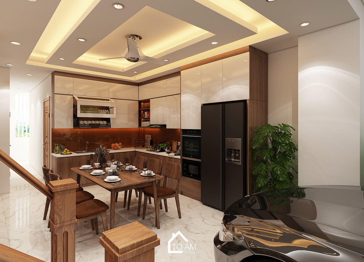 Ảnh 3D thiết kế nhà phố hiện đại tại Thường Tín – Tổ Ấm Design – không gian phòng bếp sang trọng, tinh tế với chất liệu gỗ Óc Chó