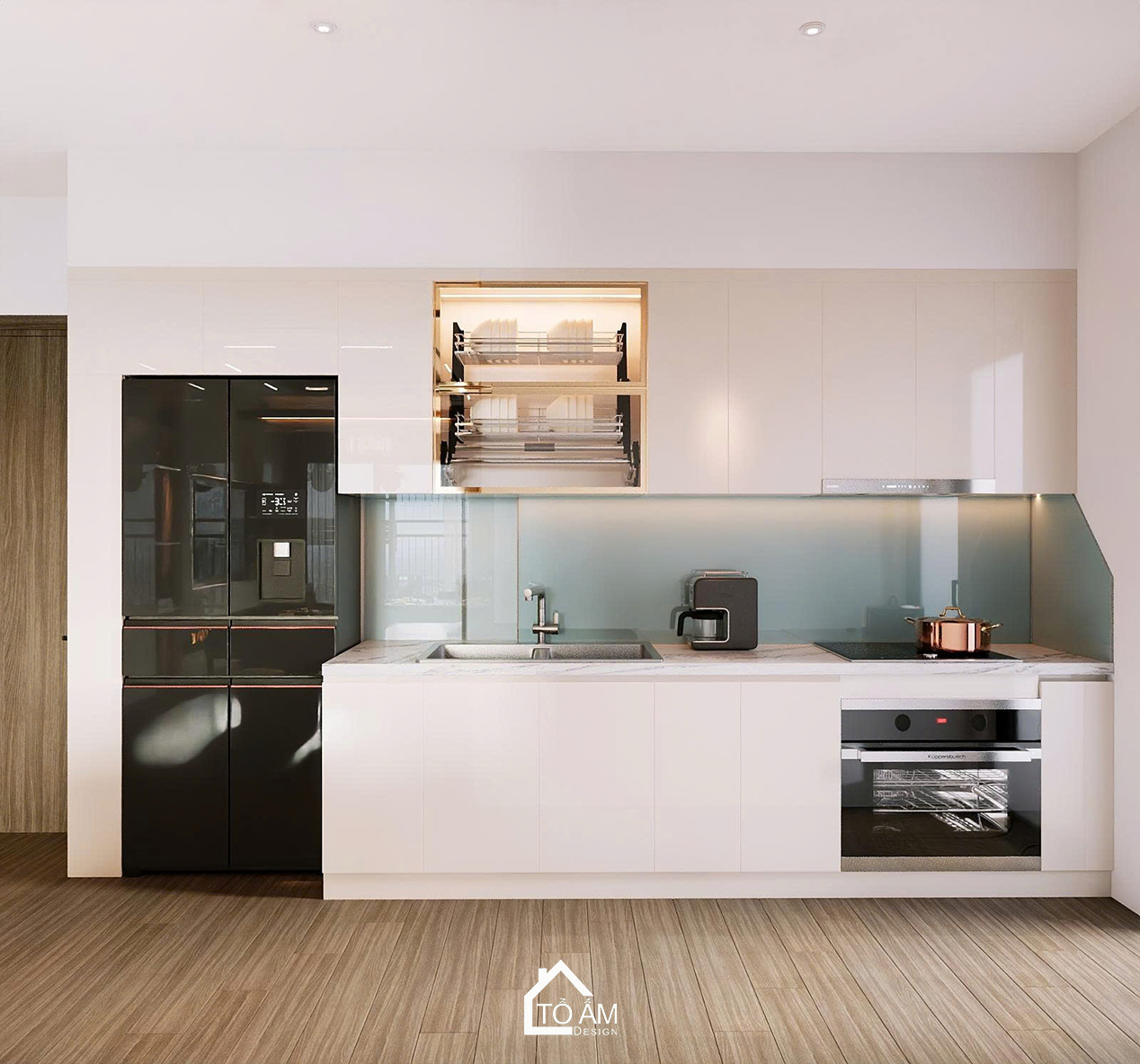 Không gian bếp Acrylic và Melamine căn hộ Ocean Park - Thiết kế 3D chung cư 2 ngủ có phòng làm việc Ocean Park - Tổ Ấm Design