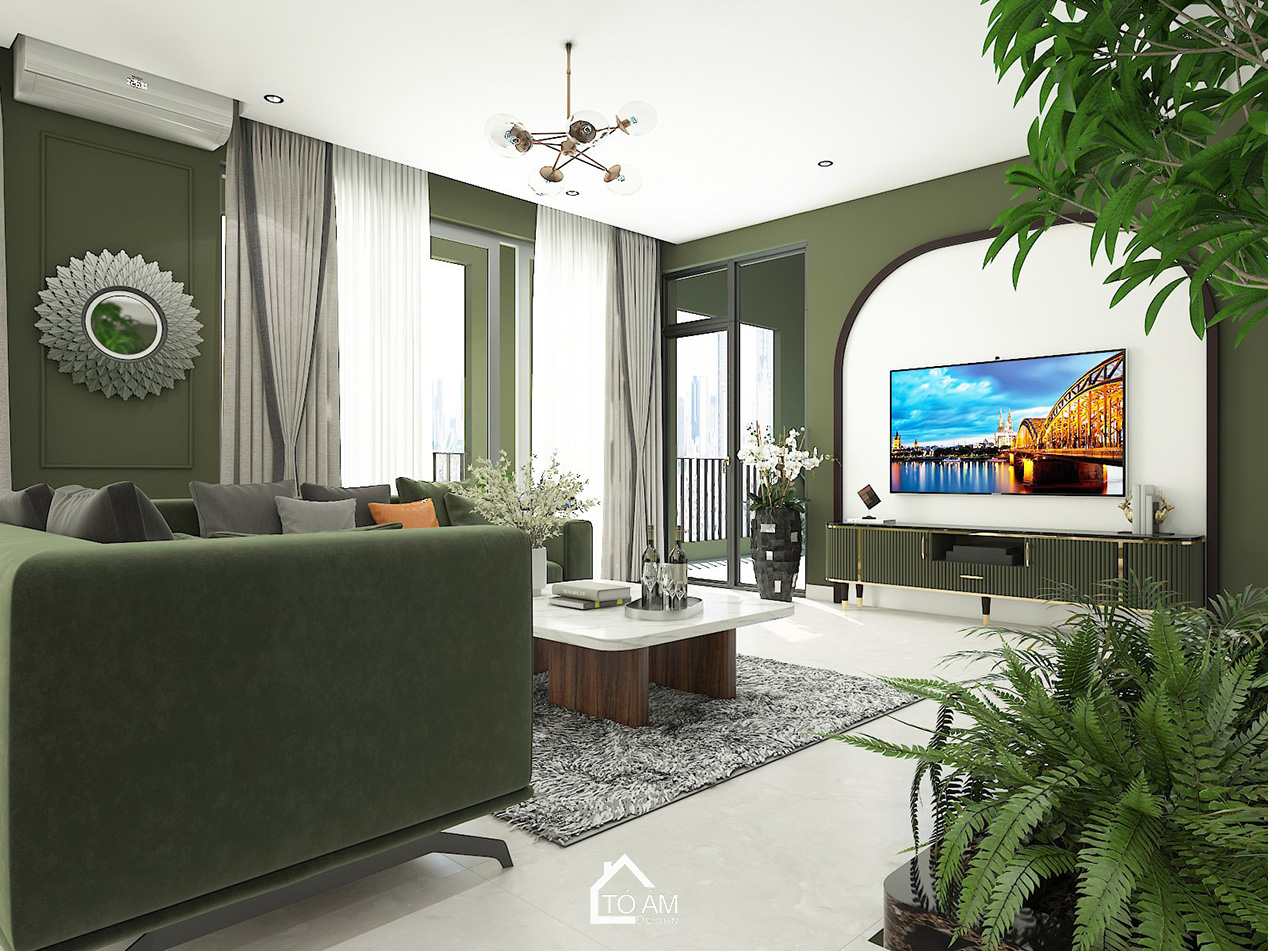 Ảnh 3D phòng khách – bếp phong cách Japandi với tone xanh lá chủ đạo tại Tiên Yên - Tổ Ấm Design