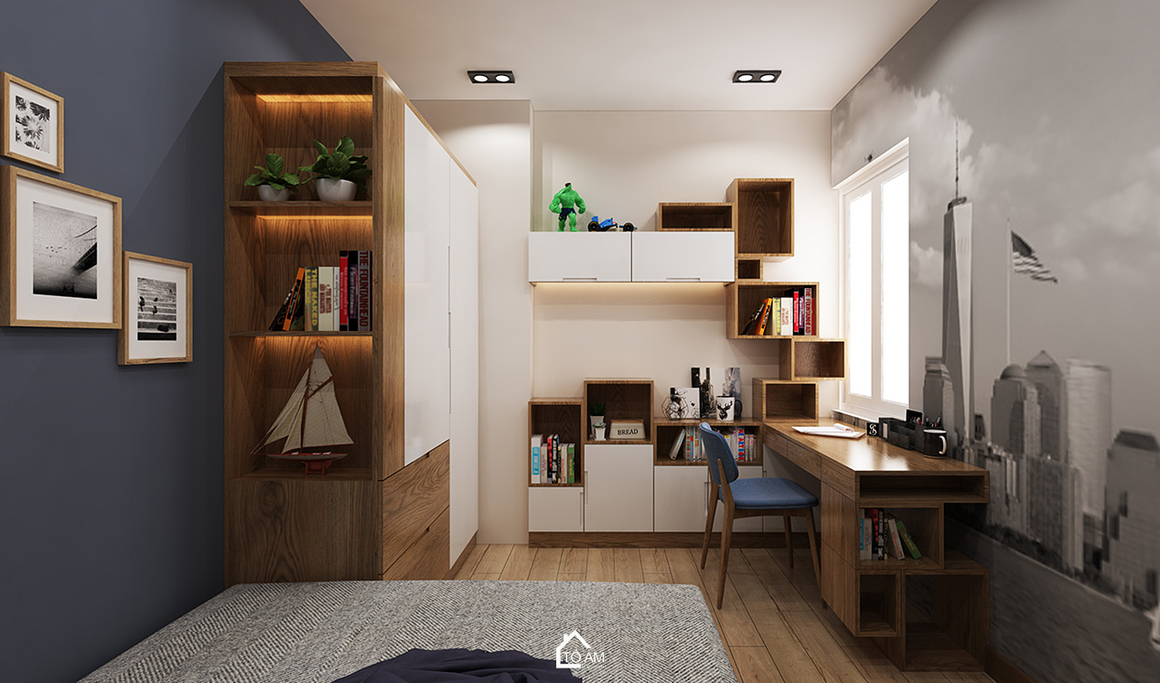 Phòng ngủ con trai hiện đại năng động – Thiết kế 3D chung cư 2 ngủ - Tổ Ấm Design