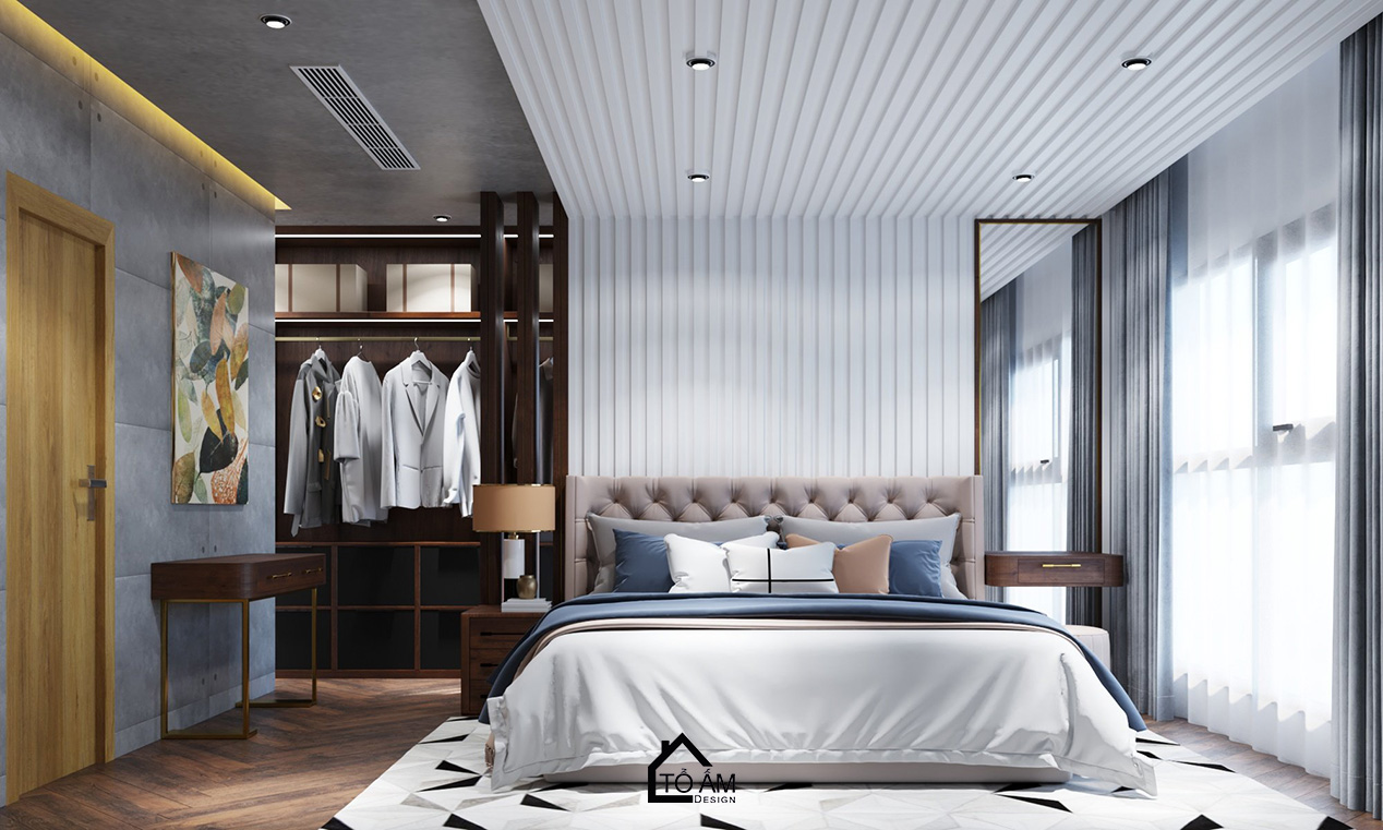 Phòng ngủ master sang trọng với phòng thay đồ liền kề – Thiết kế 3D chung cư 2 ngủ Times City - Tổ Ấm Design