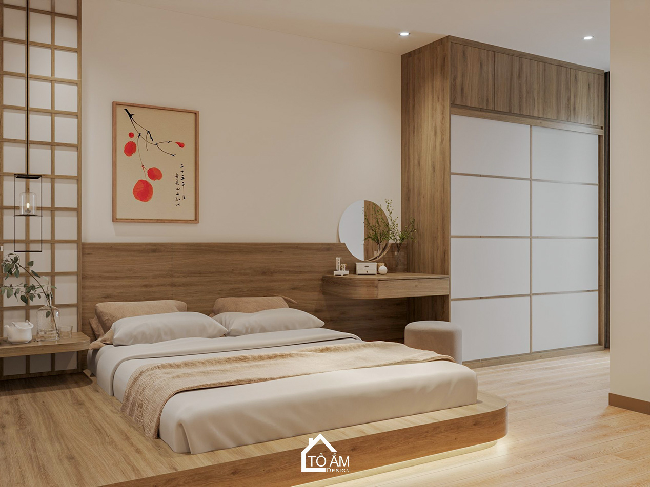 Thiết kế 3D phòng ngủ master ấm cúng, chữa lành kiểu Nhật Eco Park - Thiết kế 3D chung cư 2 ngủ kiểu Nhật Eco Park - Tổ Ấm Design