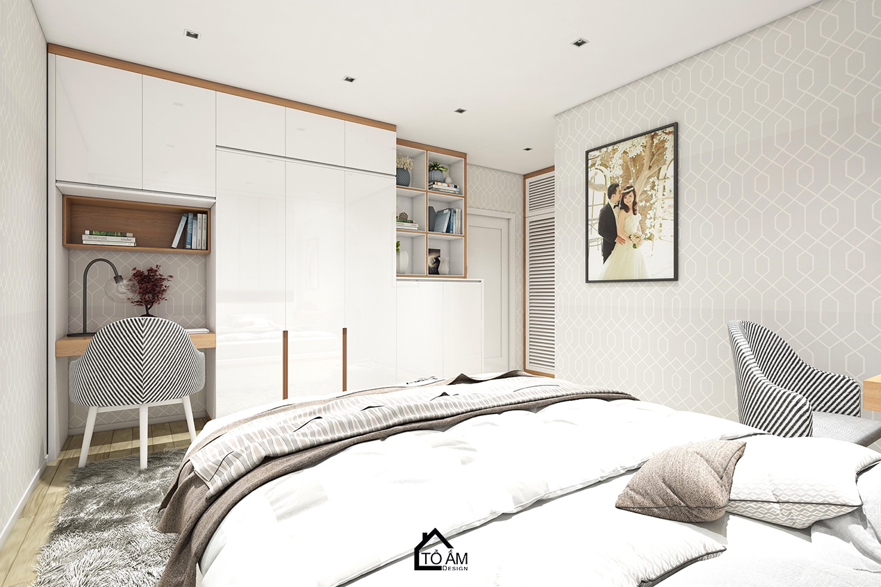 Phòng ngủ master tinh giản, tone trắng – Thiết kế 3D chung cư 2 ngủ Hoàng Mai - Tổ Ấm Design