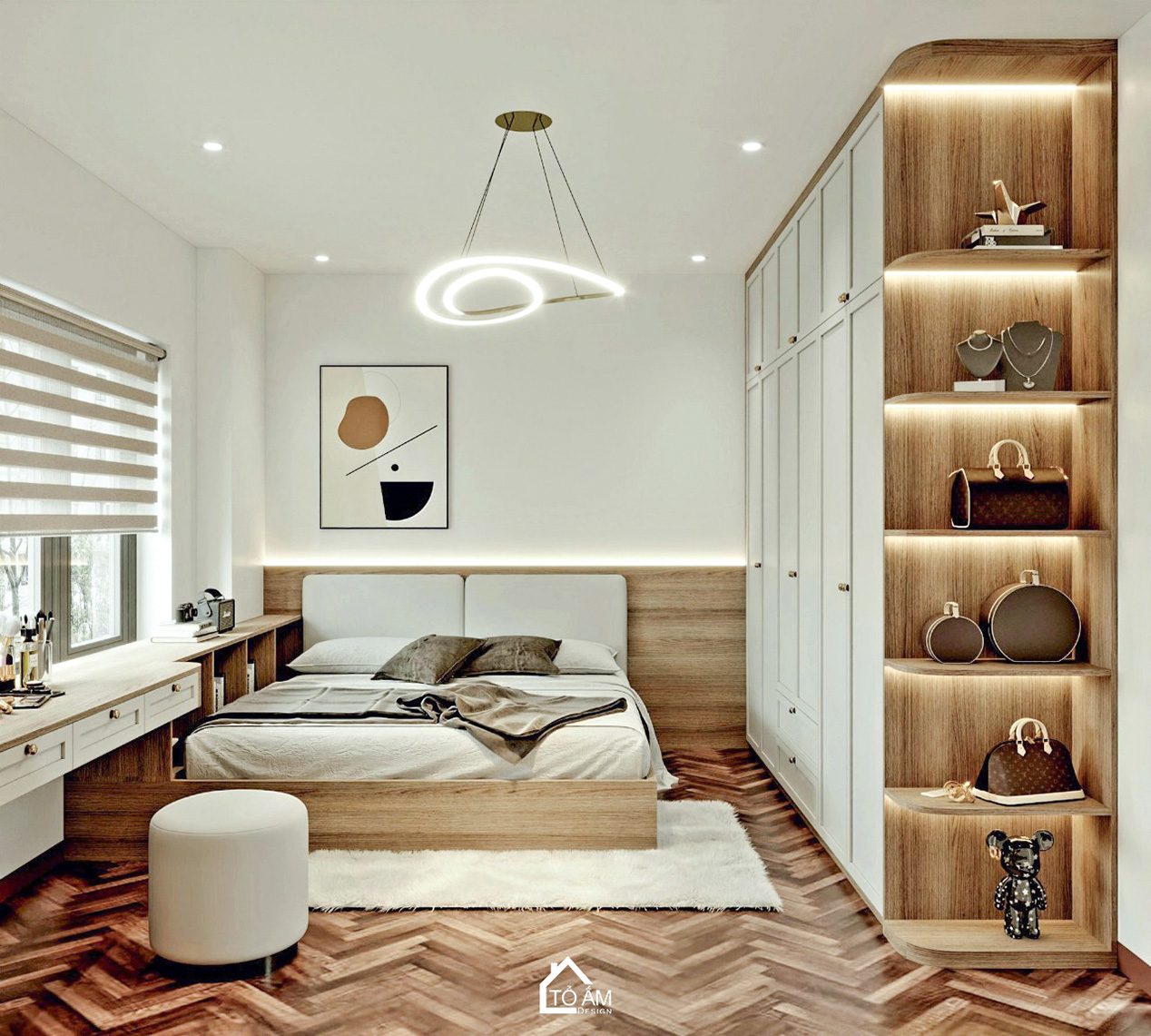 phòng ngủ master chung cư 173 Xuân Thủy phong cách Wabisabi ấm cúng, chữa lành - Thiết kế 3D chung cư 3 ngủ phong cách Wabisabi- Tổ Ấm Design