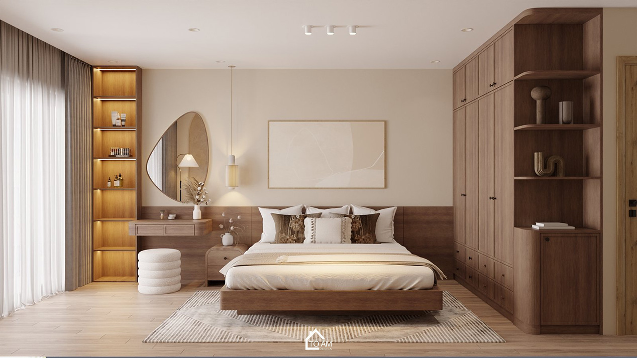 Thiết kế 3D phòng ngủ master nhà phố Hoàng Cầu phong cách Wabisabi ấm áp - Tổ Ấm Design
