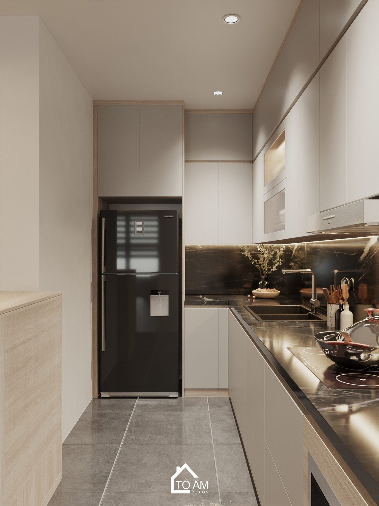 Thiết kế bếp hiện đại tối giản cho căn hộ 97m2 - Thiết kế 3D phòng bếp chung cư Ecolake View – Tổ Ấm Design