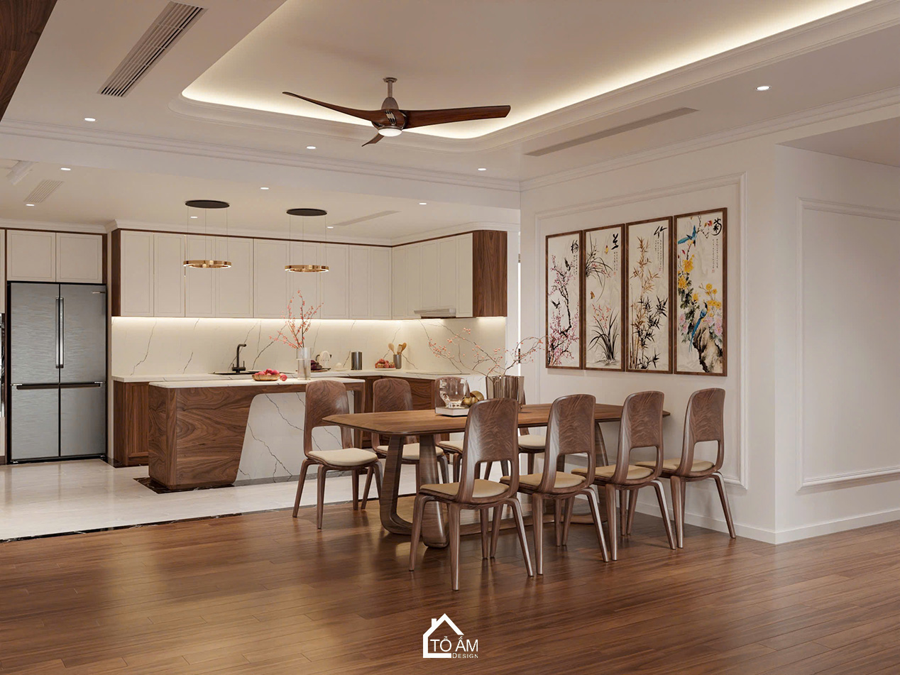 Phòng bếp chung cư sang trọng, ấm cùng và đầy đủ tiện nghi - Thiết kế 3D chung cư 4 ngủ Mulberry Land - Tổ Ấm Design