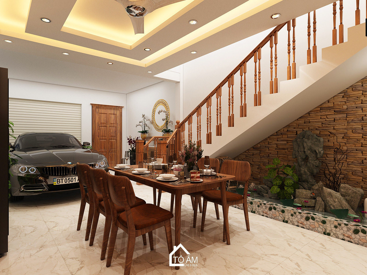 Ảnh 3D thiết kế nhà phố hiện đại tại Thường Tín – Tổ Ấm Design – không gian phòng bếp sang trọng, tinh tế với chất liệu gỗ Óc Chó