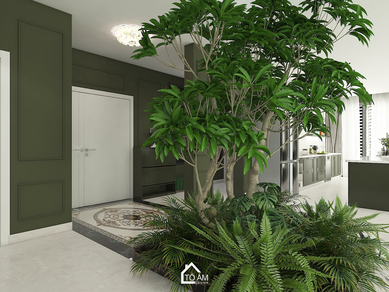 Ảnh 3D phòng khách – bếp phong cách Japandi với tone xanh lá chủ đạo tại Tiên Yên - Tổ Ấm Design