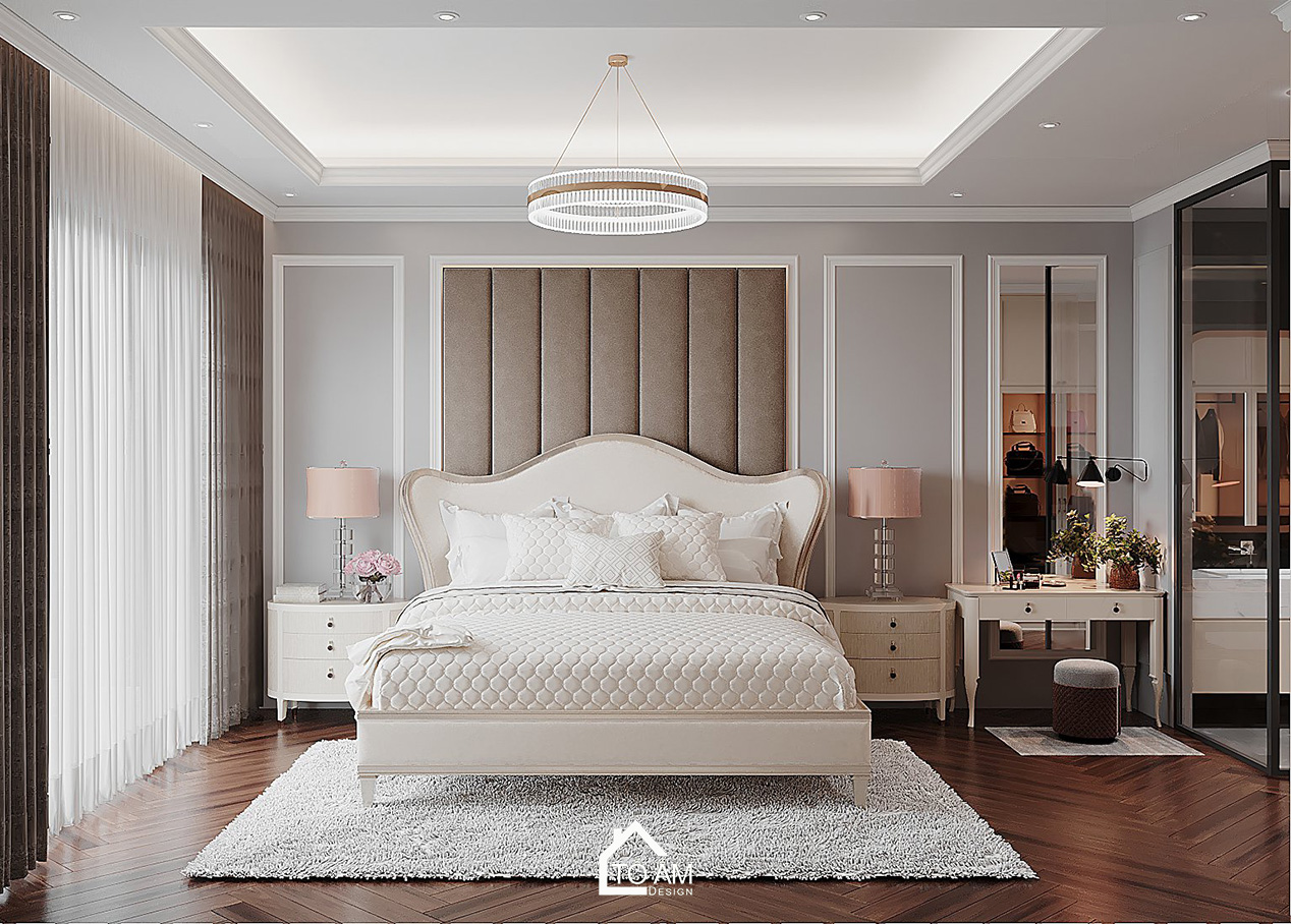 Phòng ngủ Master Neo-Classic trong thiết kế 3D nhà phố 5 tầng Móng Cái - Tổ Ấm Design