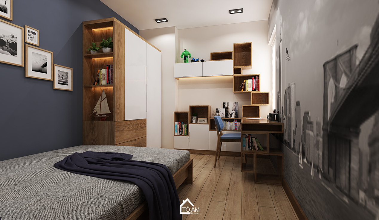 Phòng ngủ con trai hiện đại năng động – Thiết kế 3D chung cư 2 ngủ - Tổ Ấm Design
