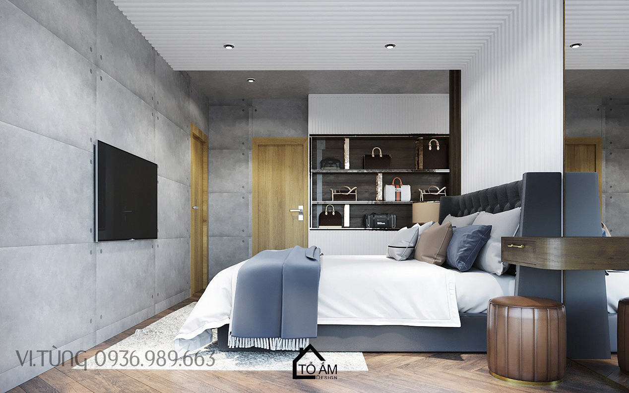 Phòng ngủ master sang trọng với phòng thay đồ liền kề – Thiết kế 3D chung cư 2 ngủ Times City - Tổ Ấm Design