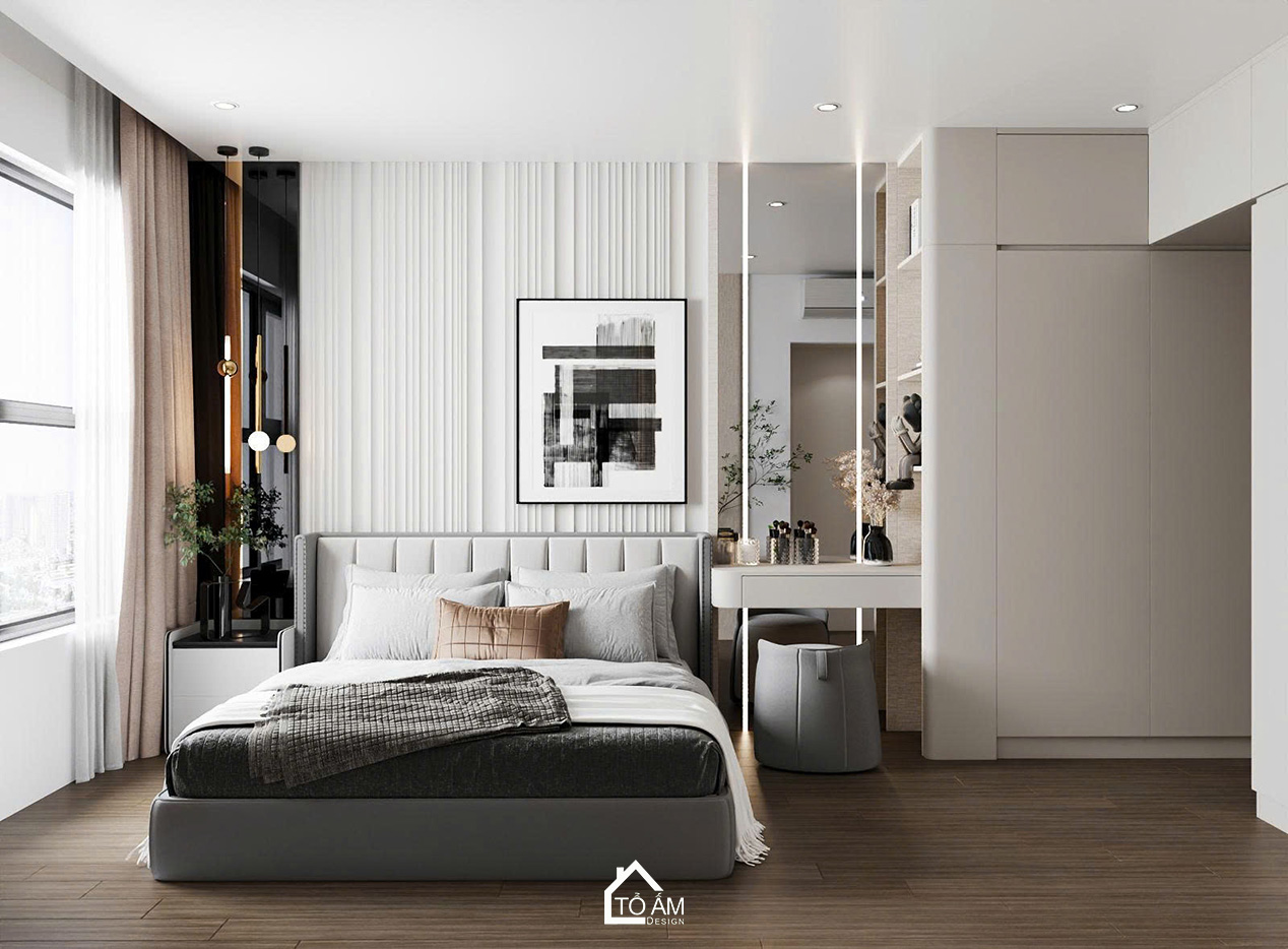 Thiết kế phòng ngủ master sang trọng Ocean Park - Thiết kế 3D chung cư 2 ngủ có phòng làm việc Ocean Park - Tổ Ấm Design