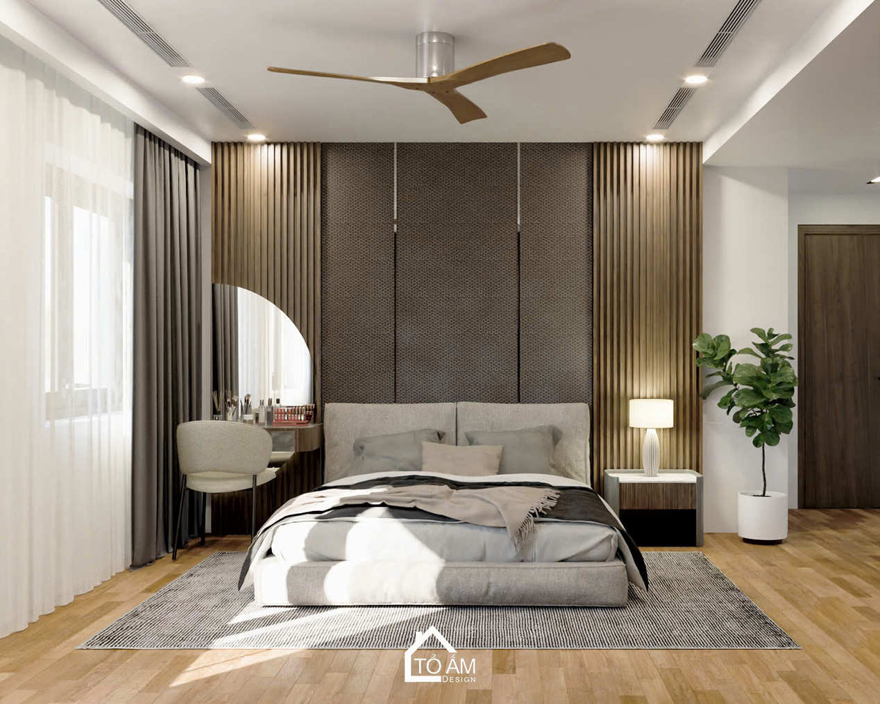 Phòng ngủ master sang trọng với lam gỗ và ánh sáng dịu – Thiết kế 3D chung cư 2 ngủ Ciputra - Tổ Ấm Design