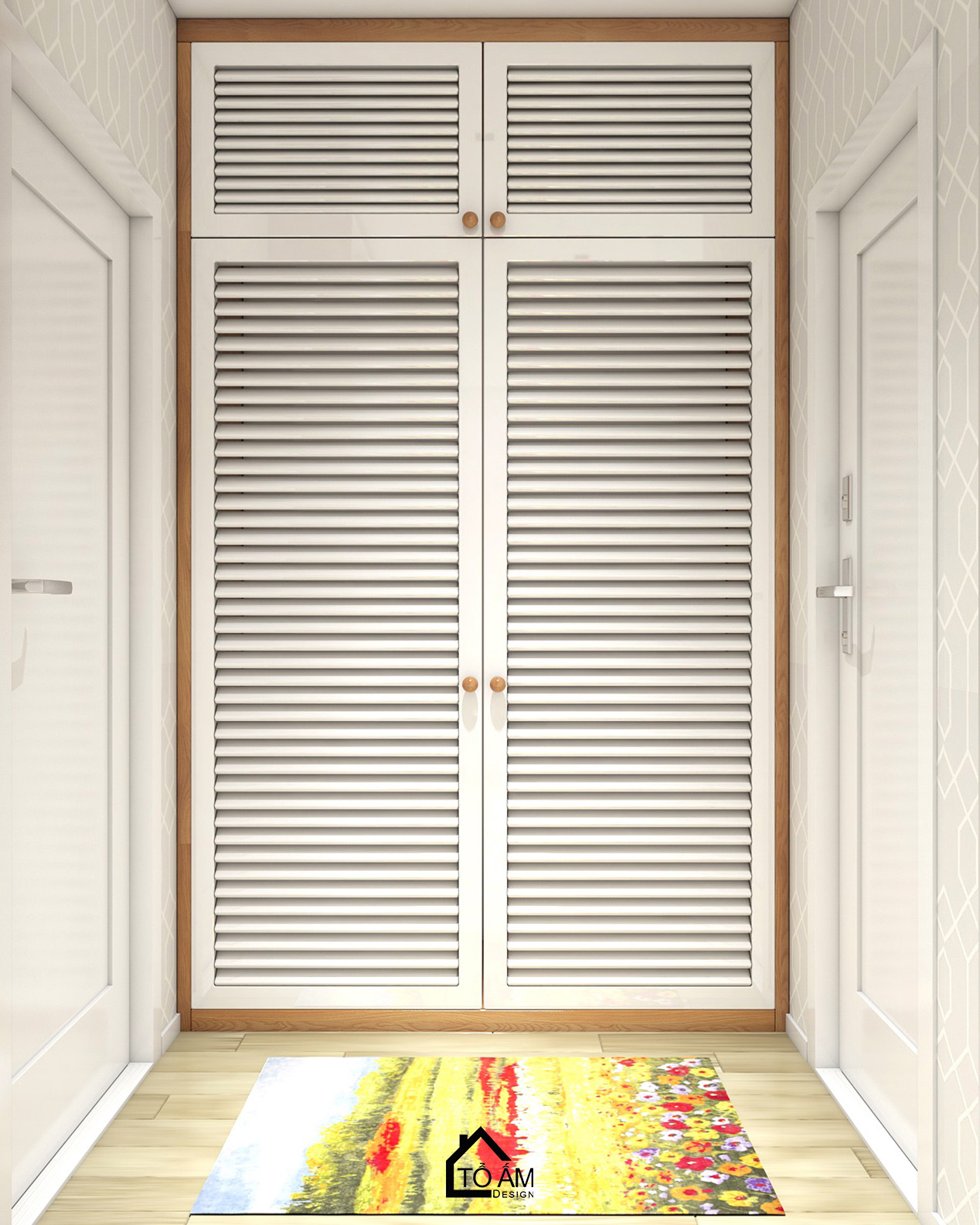 Phòng ngủ master tinh giản, tone trắng – Thiết kế 3D chung cư 2 ngủ Hoàng Mai - Tổ Ấm Design