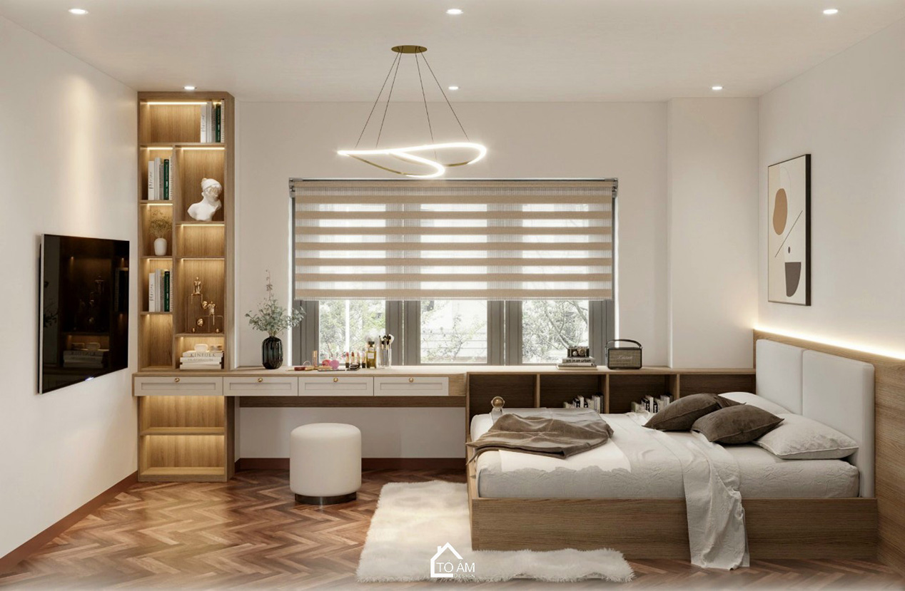 phòng ngủ master chung cư 173 Xuân Thủy phong cách Wabisabi ấm cúng, chữa lành - Thiết kế 3D chung cư 3 ngủ phong cách Wabisabi- Tổ Ấm Design
