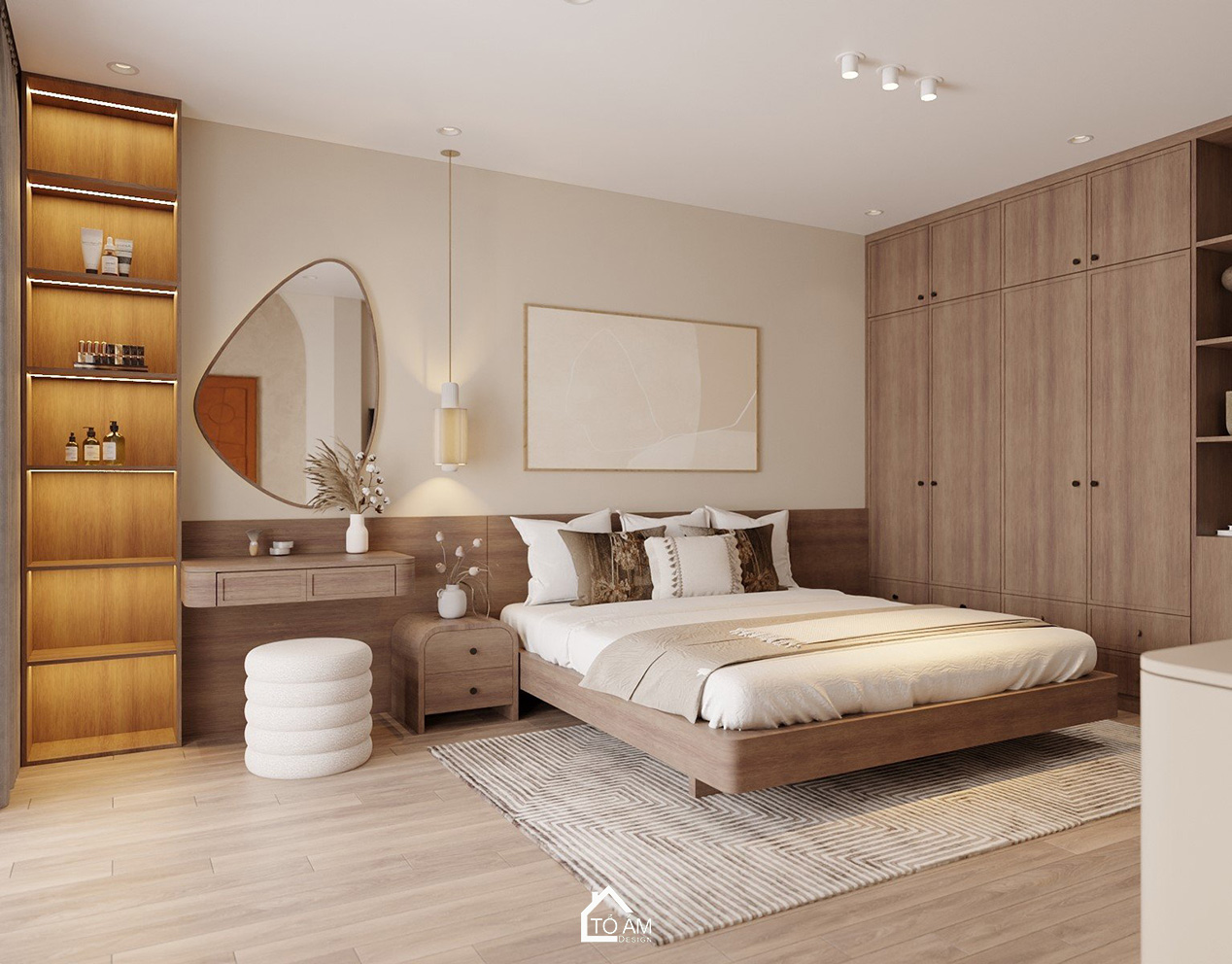 Thiết kế 3D phòng ngủ master nhà phố Hoàng Cầu phong cách Wabisabi ấm áp - Tổ Ấm Design