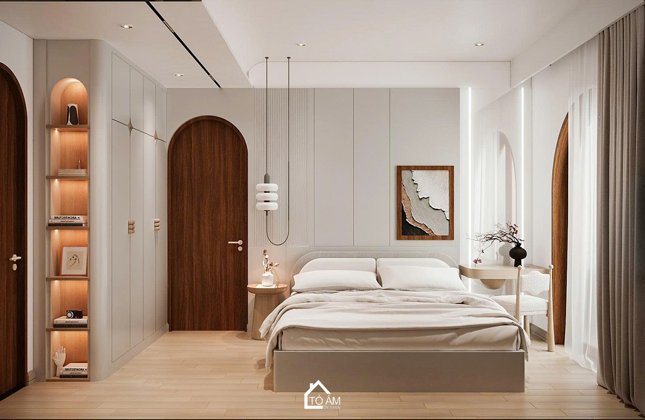 Phòng ngủ master thanh tịnh phong cách Japandi – Thiết kế 3D nhà phố Japandi Đông Anh - Tổ Ấm Design