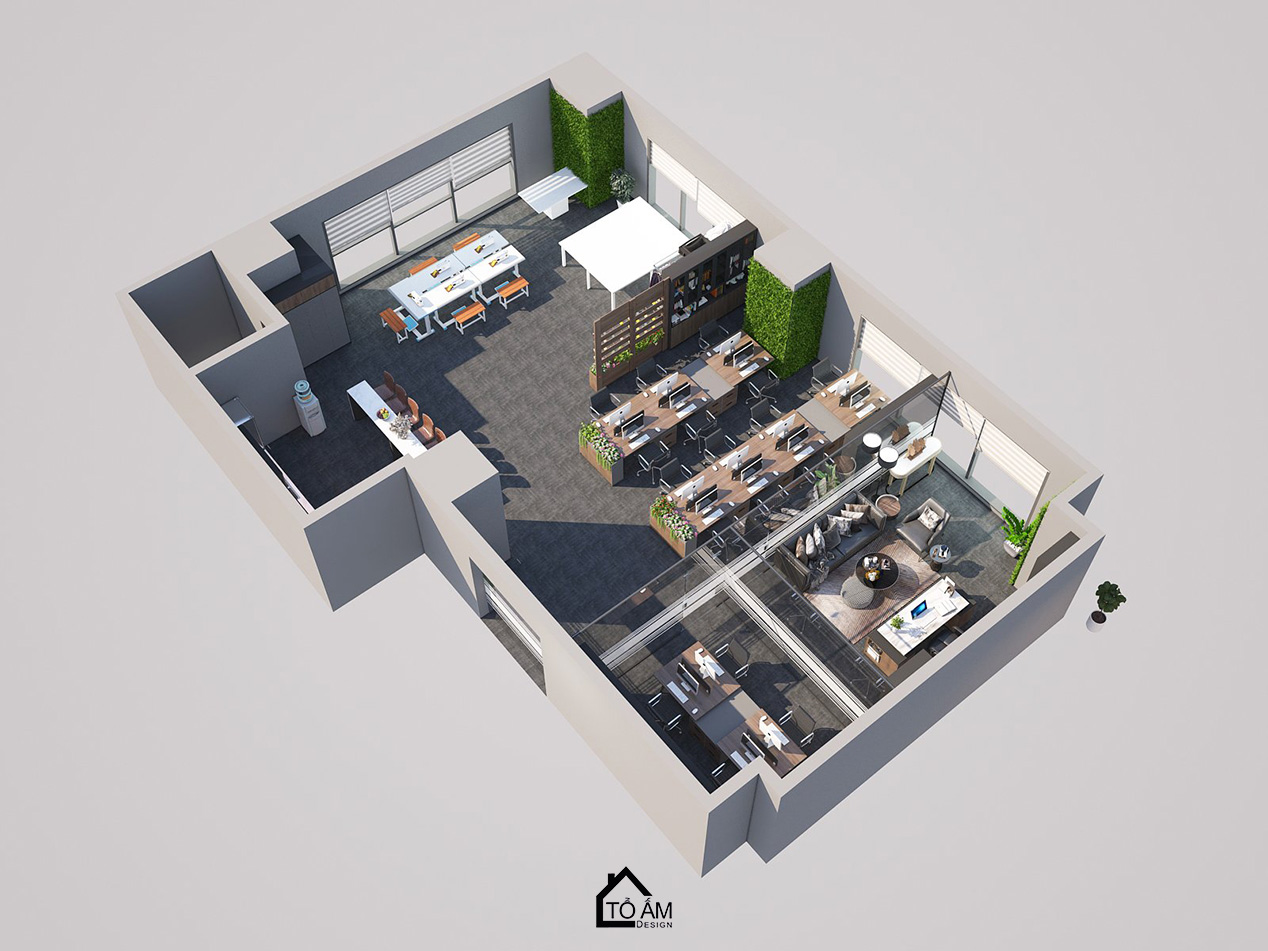 Thiết kế 3D văn phòng công ty may XNK HƯƠNG SƠN - Tổ Ấm Design - Kiến tạo không gian - Chữa lành cảm xúc