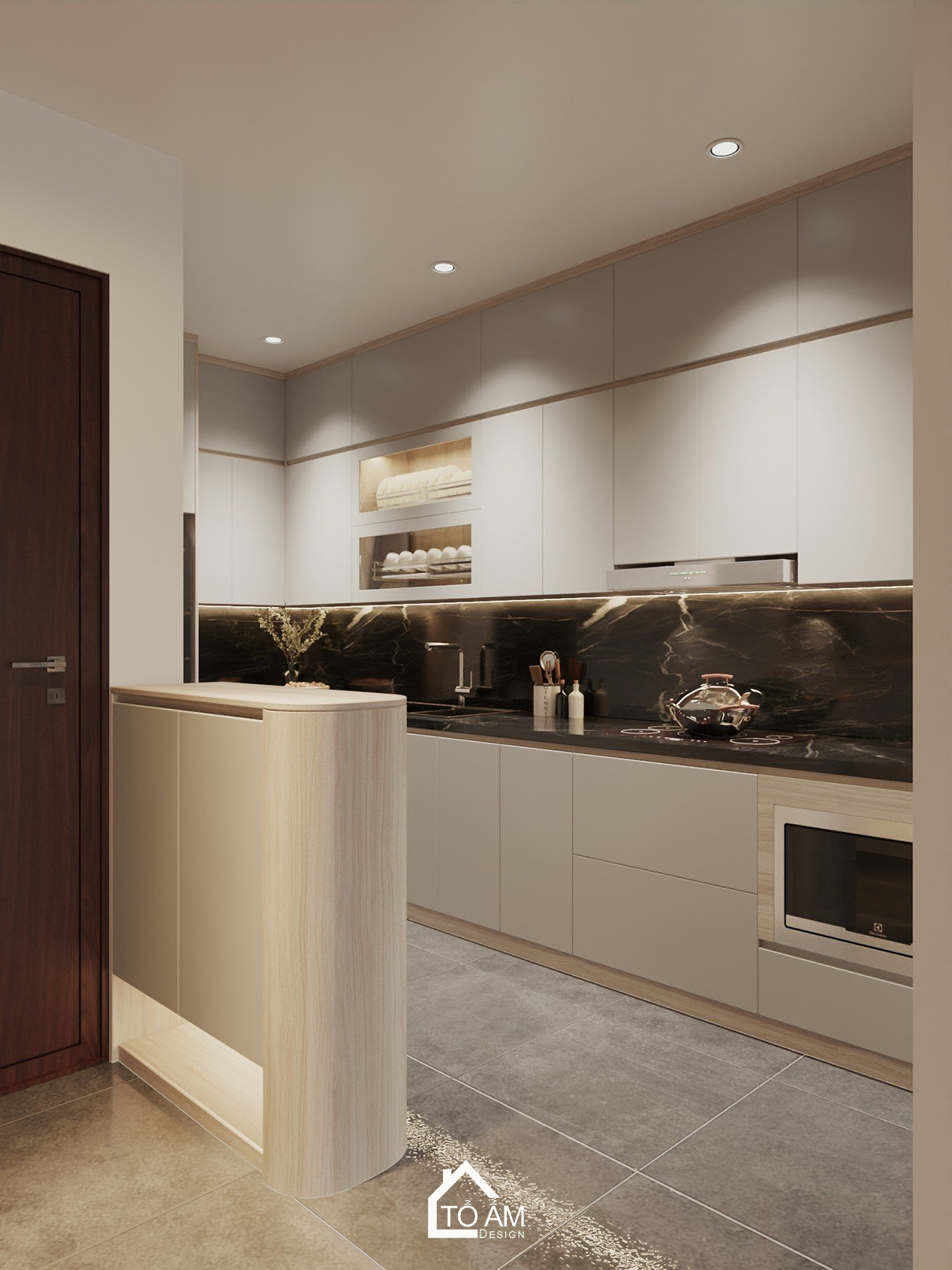 Thiết kế bếp hiện đại tối giản cho căn hộ 97m2 - Thiết kế 3D phòng bếp chung cư Ecolake View – Tổ Ấm Design