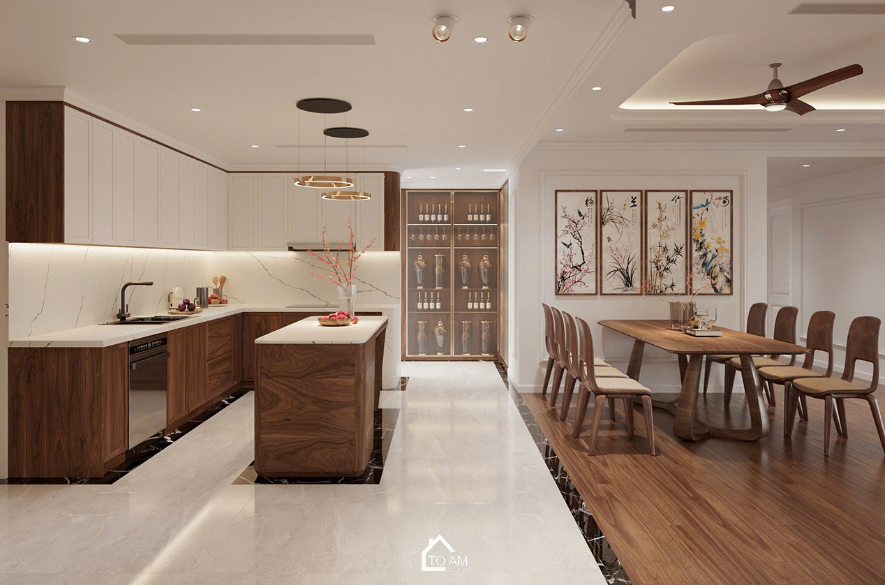 Phòng bếp chung cư sang trọng, ấm cùng và đầy đủ tiện nghi - Thiết kế 3D chung cư 4 ngủ Mulberry Land - Tổ Ấm Design