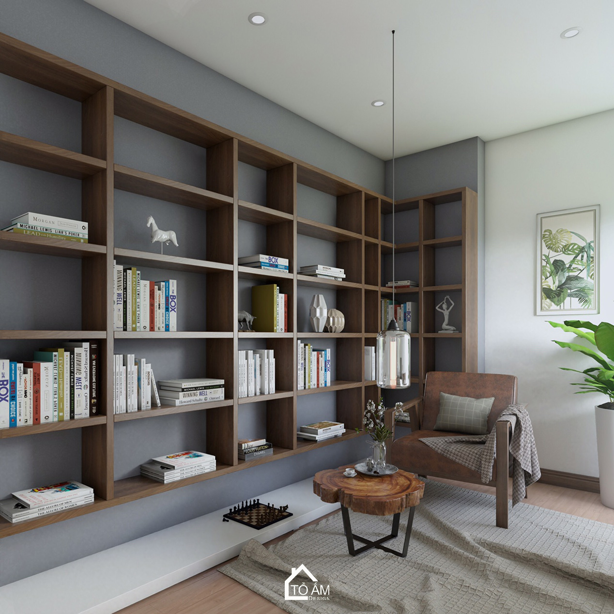 Phòng đọc sách yên tĩnh ấm áp với gỗ Óc Chó – Thiết kế 3D chung cư 2 ngủ - Tổ Ấm Design
