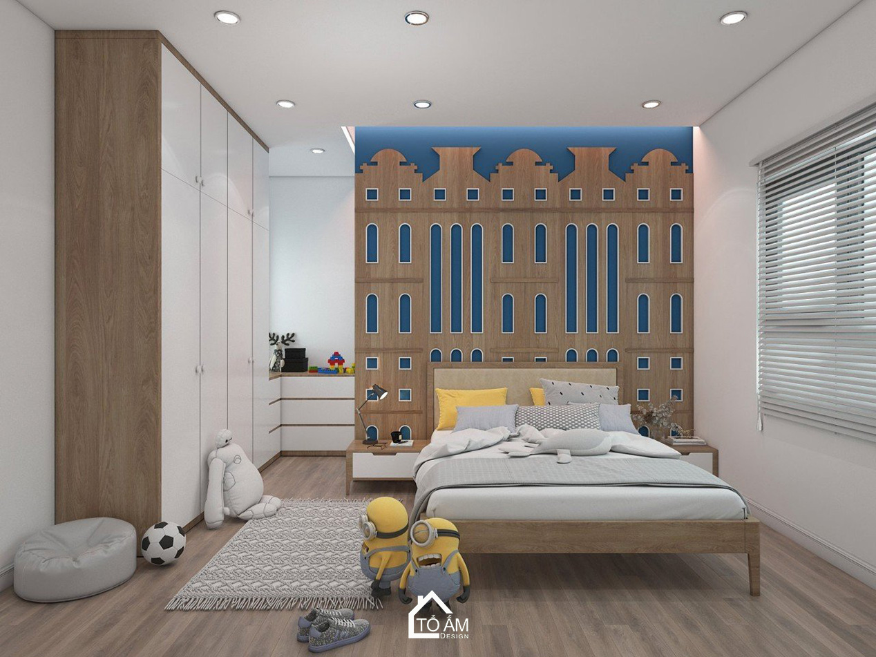 Thiết kế 3D nhà phố liền kề 3 tầng Bắc Ninh – Phòng Ngủ Bé trai hiện đại với gỗ Óc Chó sang trọng do Tổ Ấm Design thực hiện.