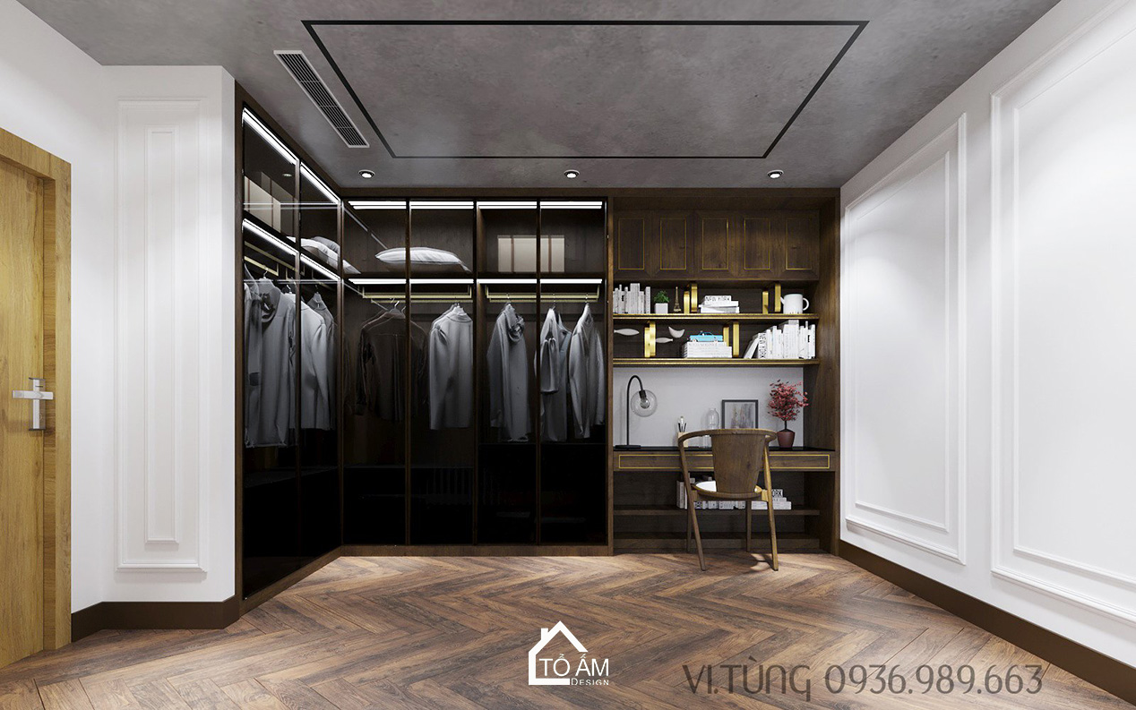 Phòng ngủ master sang trọng với phòng thay đồ liền kề – Thiết kế 3D chung cư 2 ngủ Times City - Tổ Ấm Design