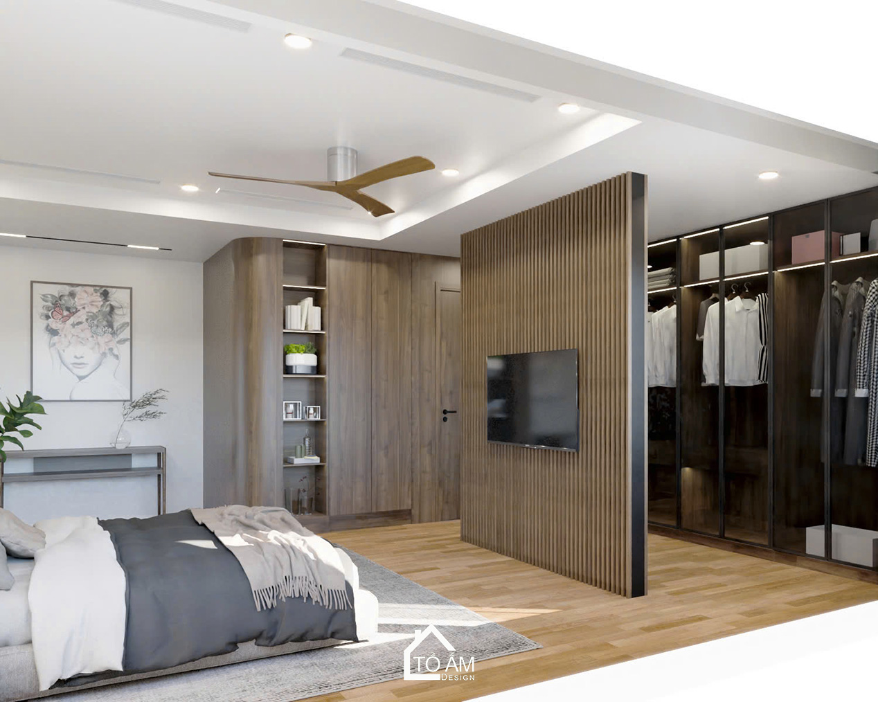 Phòng ngủ master sang trọng với lam gỗ và ánh sáng dịu – Thiết kế 3D chung cư 2 ngủ Ciputra - Tổ Ấm Design