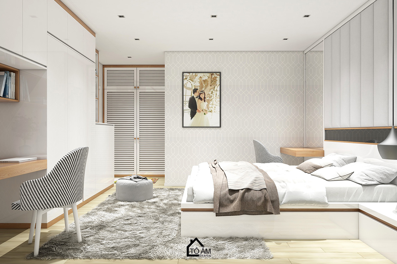 Phòng ngủ master tinh giản, tone trắng – Thiết kế 3D chung cư 2 ngủ Hoàng Mai - Tổ Ấm Design