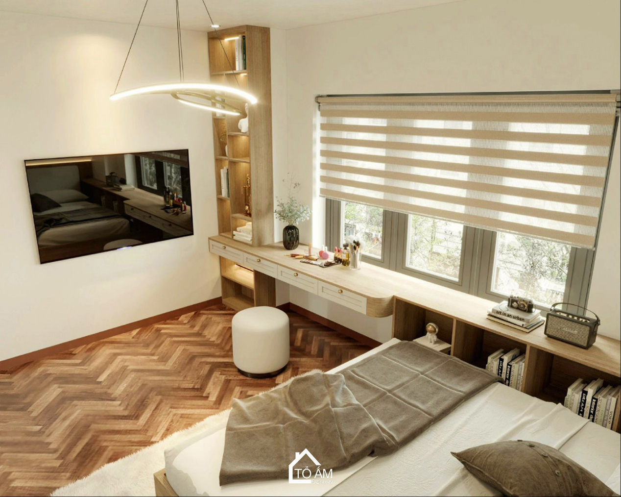 phòng ngủ master chung cư 173 Xuân Thủy phong cách Wabisabi ấm cúng, chữa lành - Thiết kế 3D chung cư 3 ngủ phong cách Wabisabi- Tổ Ấm Design