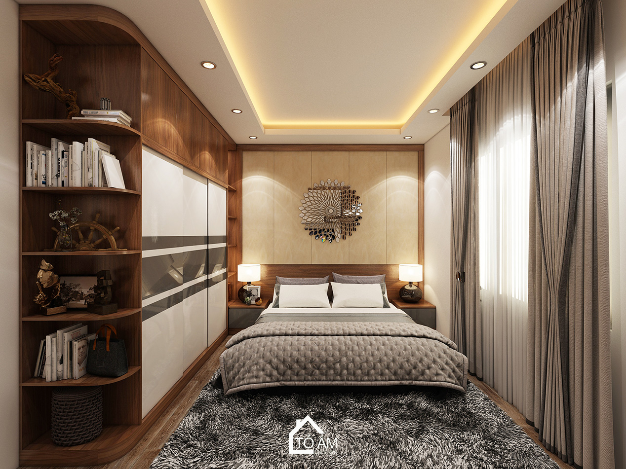 Ảnh 3D thiết kế nhà phố hiện đại tại Thường Tín – Tổ Ấm Design – không gian phòng ngủ Master sang trọng, tinh tế với chất liệu gỗ Óc Chó
