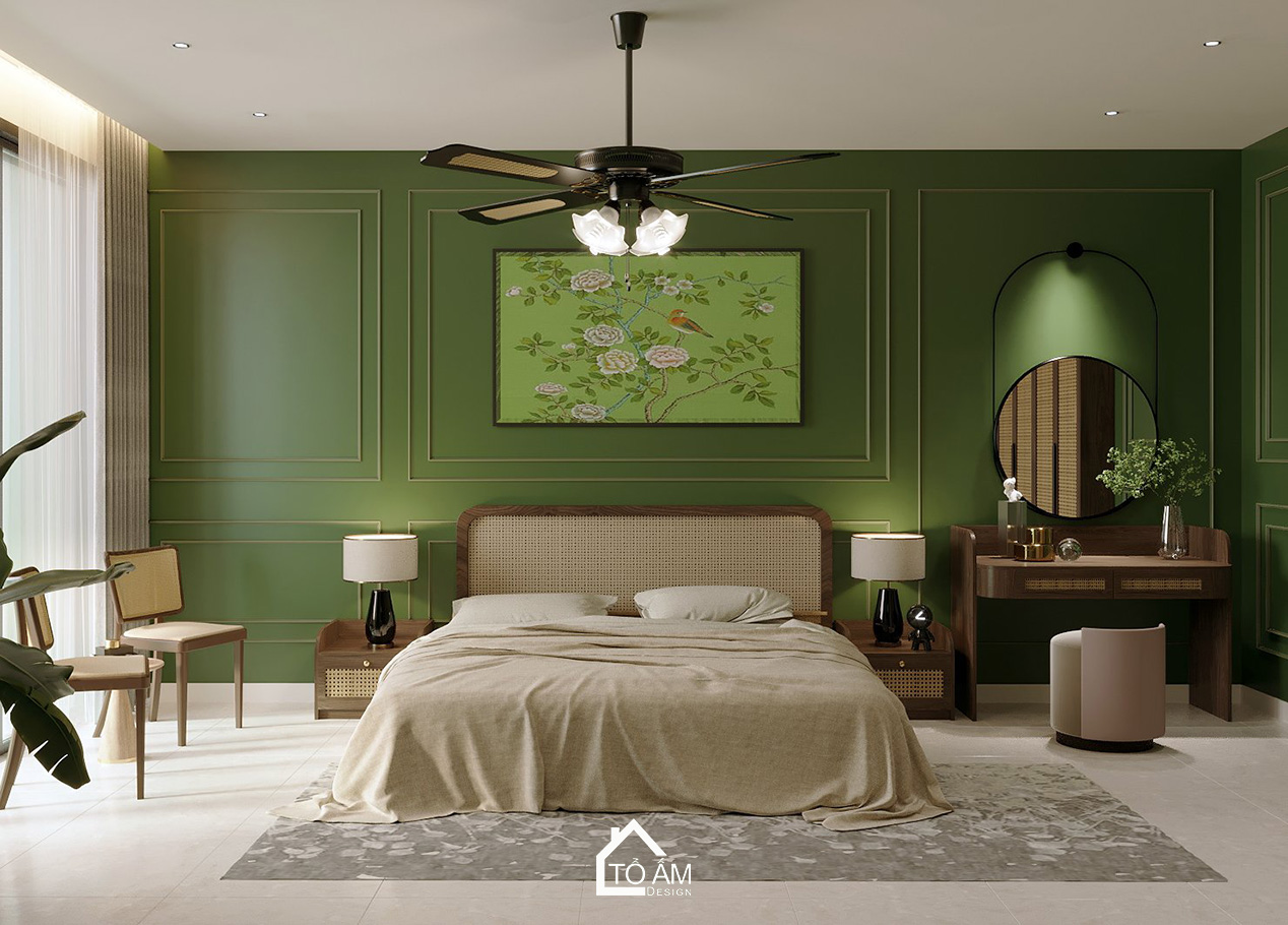 Thiết kế 3D Phòng ngủ master mang hơi thở thiên nhiên với tone xanh lá - Tổ Ấm Design