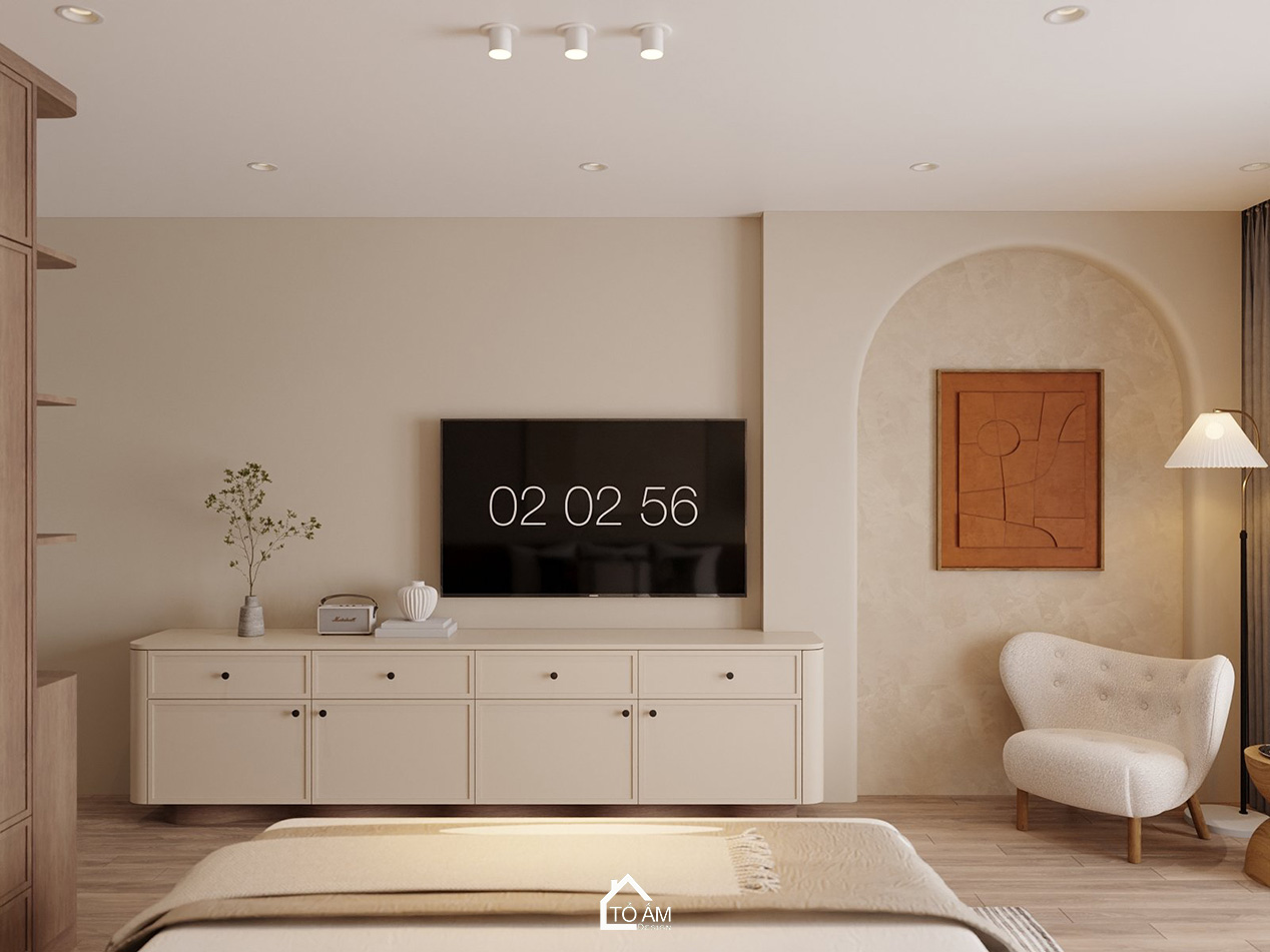 Thiết kế 3D phòng ngủ master nhà phố Hoàng Cầu phong cách Wabisabi ấm áp - Tổ Ấm Design