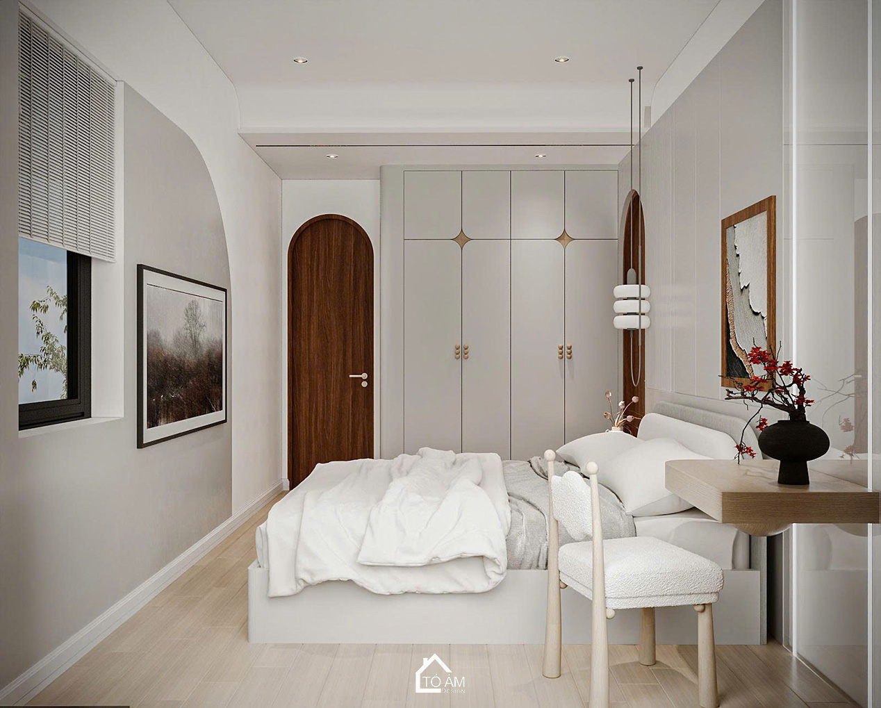 Phòng ngủ master thanh tịnh phong cách Japandi – Thiết kế 3D nhà phố Japandi Đông Anh - Tổ Ấm Design