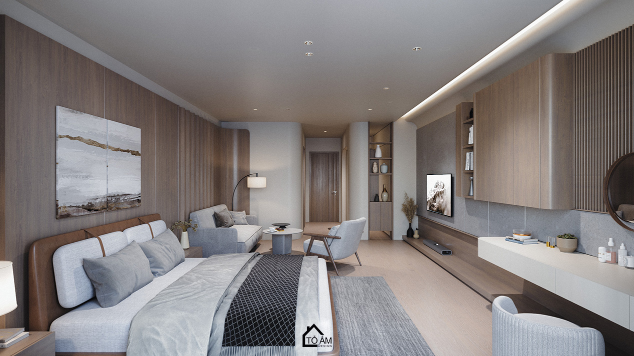 Phòng ngủ master siêu chill tone nâu gỗ tự nhiên – Thiết kế 3D nhà phố Wabisabi chữa lành - Tổ Ấm Design