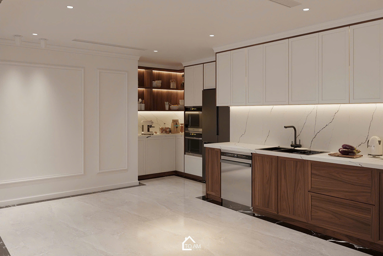 Phòng bếp chung cư sang trọng, ấm cùng và đầy đủ tiện nghi - Thiết kế 3D chung cư 4 ngủ Mulberry Land - Tổ Ấm Design