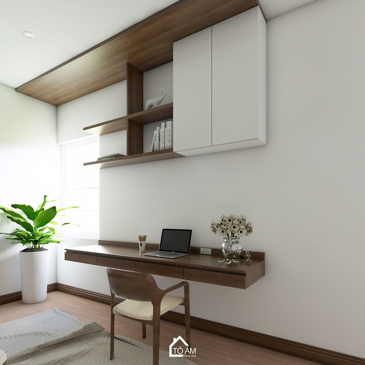 Phòng đọc sách yên tĩnh ấm áp với gỗ Óc Chó – Thiết kế 3D chung cư 2 ngủ - Tổ Ấm Design