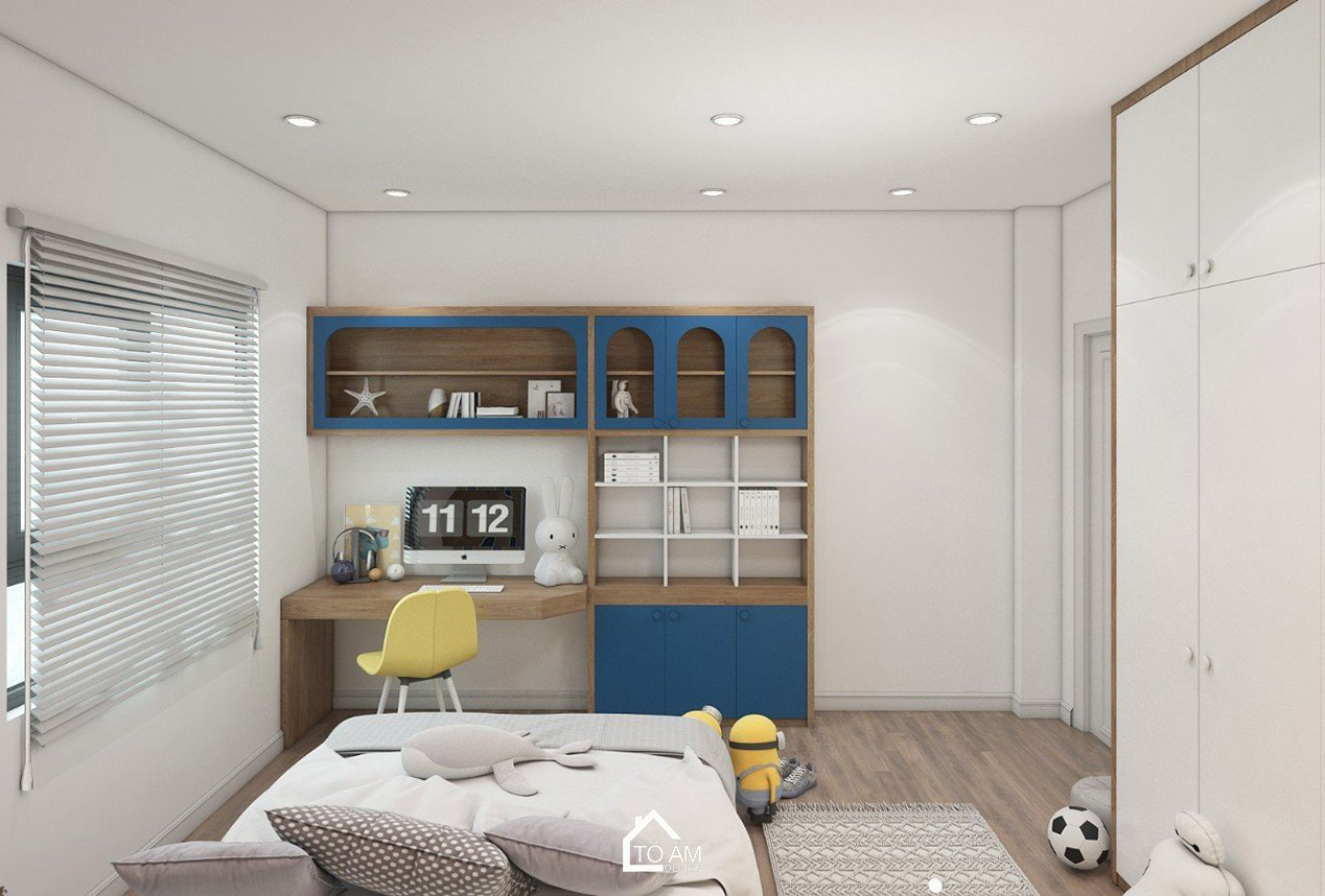 Thiết kế 3D nhà phố liền kề 3 tầng Bắc Ninh – Phòng Ngủ Bé trai hiện đại với gỗ Óc Chó sang trọng do Tổ Ấm Design thực hiện.