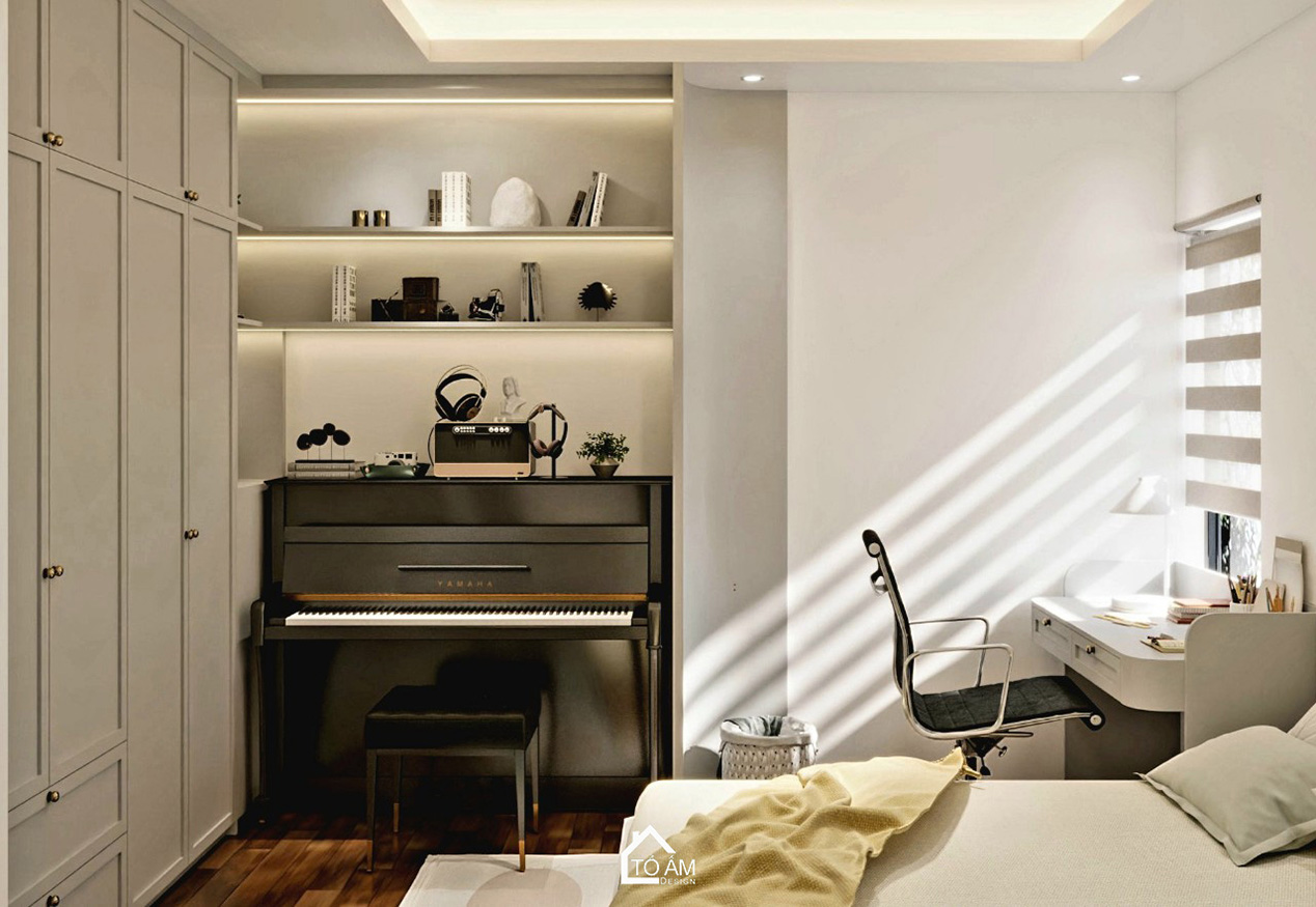 phòng ngủ con 1 thiết kế wabisabi cho người yêu sáng tạo – nhạc, nghệ thuật - Thiết kế 3D chung cư 3 ngủ phong cách Wabisabi – Tổ Ấm Design 