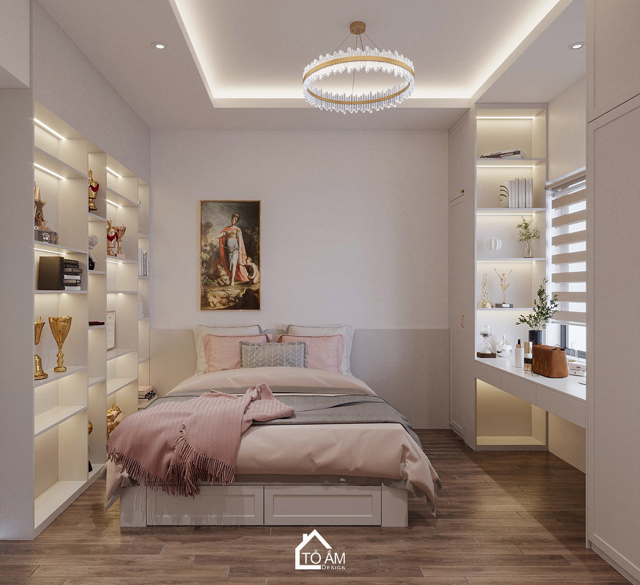 Thiết kế 3D phòng ngủ con gái 2 phong cách Neo-classic tông hồng pastel - Tổ Ấm Design