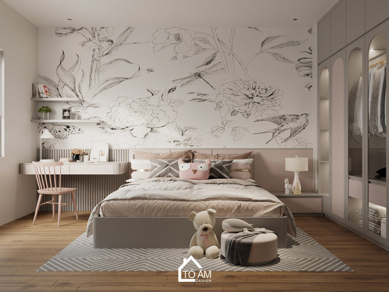 Phòng ngủ con gái hồng pastel dịu dàng nhà phố 4 tầng Lạng Sơn – Tổ Ấm Design