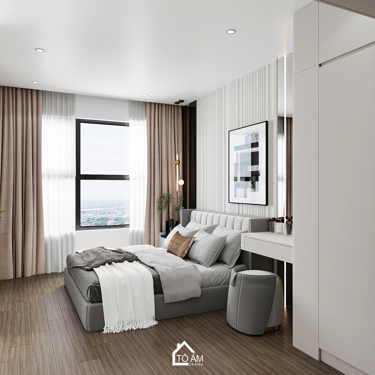 Thiết kế phòng ngủ master sang trọng Ocean Park - Thiết kế 3D chung cư 2 ngủ có phòng làm việc Ocean Park - Tổ Ấm Design