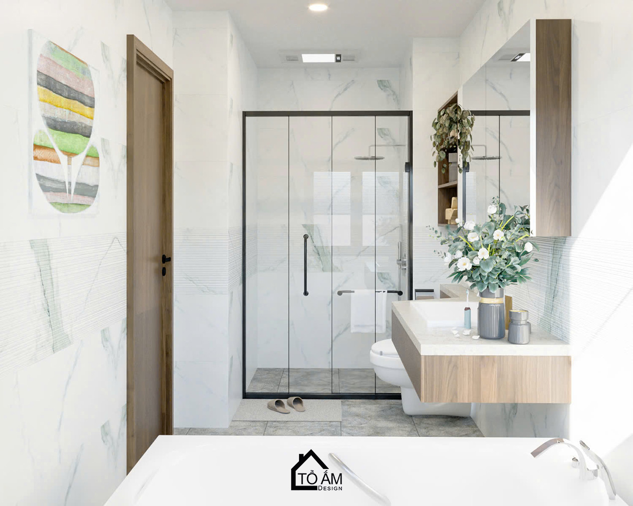 Phòng ngủ master sang trọng với lam gỗ và ánh sáng dịu – Thiết kế 3D chung cư 2 ngủ Ciputra - Tổ Ấm Design