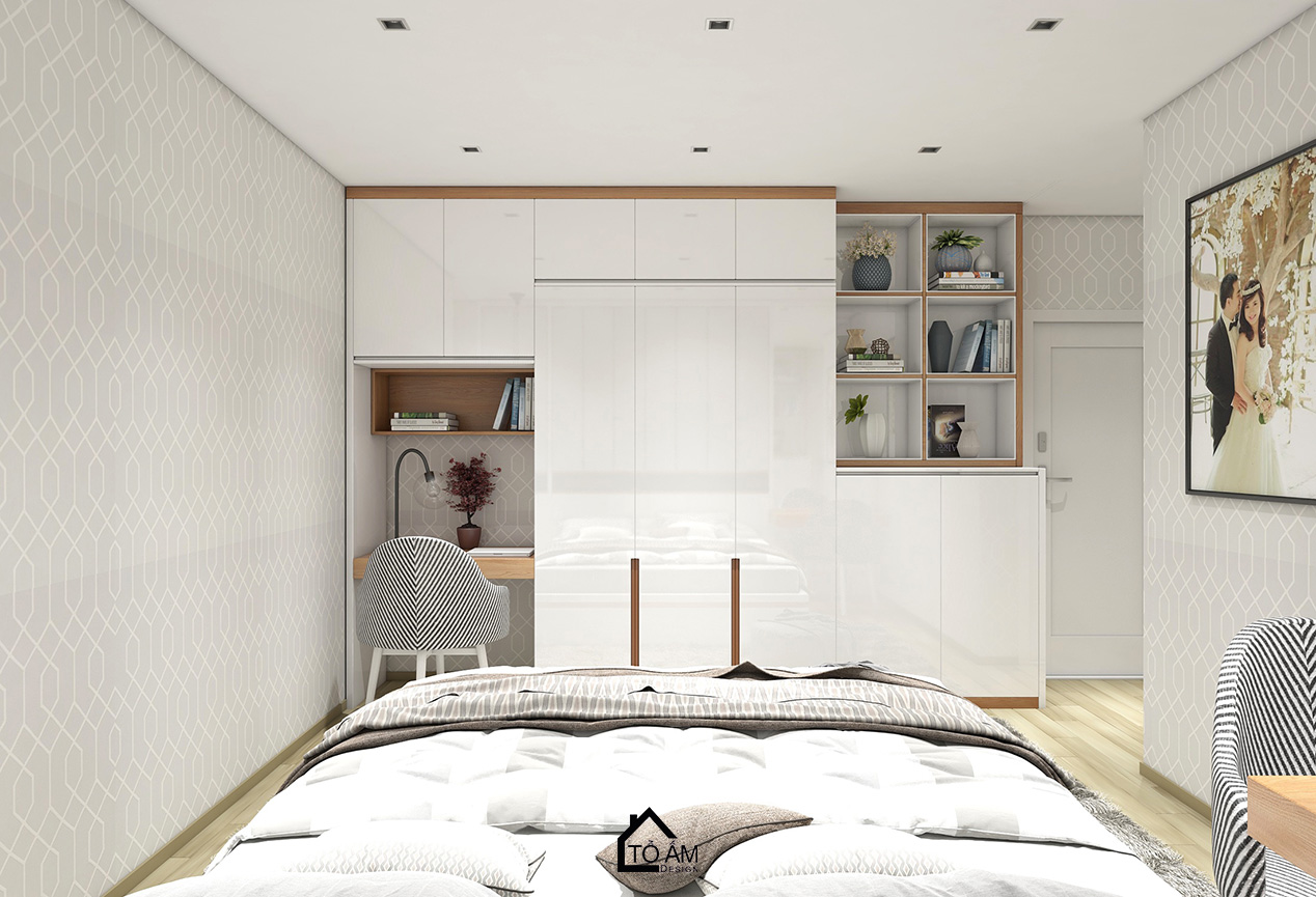 Phòng ngủ master tinh giản, tone trắng – Thiết kế 3D chung cư 2 ngủ Hoàng Mai - Tổ Ấm Design