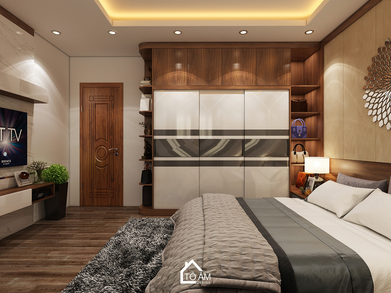 Ảnh 3D thiết kế nhà phố hiện đại tại Thường Tín – Tổ Ấm Design – không gian phòng ngủ Master sang trọng, tinh tế với chất liệu gỗ Óc Chó