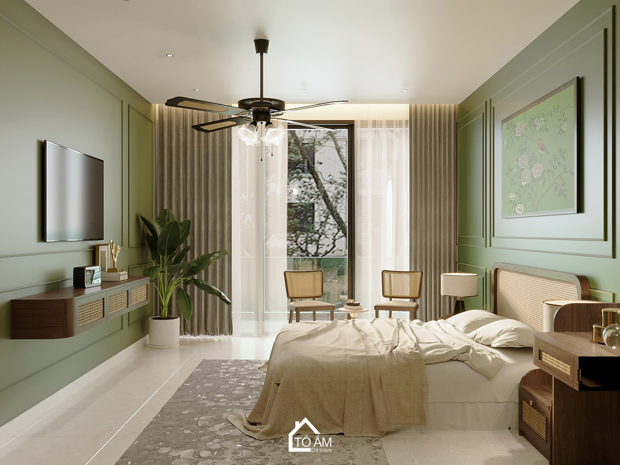 Thiết kế 3D Phòng ngủ master mang hơi thở thiên nhiên với tone xanh lá - Tổ Ấm Design