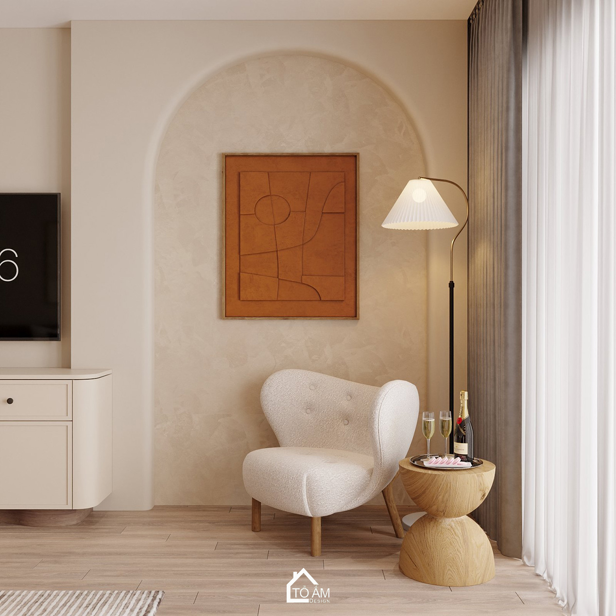 Thiết kế 3D phòng ngủ master nhà phố Hoàng Cầu phong cách Wabisabi ấm áp - Tổ Ấm Design